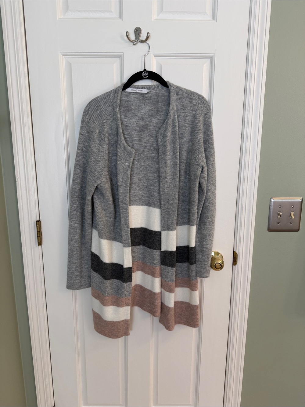 Open-Front Grey Striped Knit Cardigan with Cream & Blush Bands